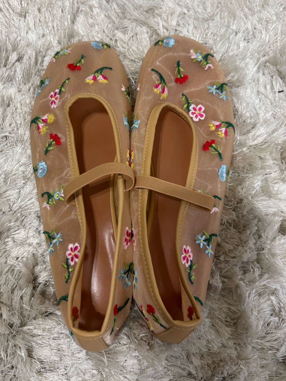 Beige Floral Embroidered Mary Jane Ballet Flats